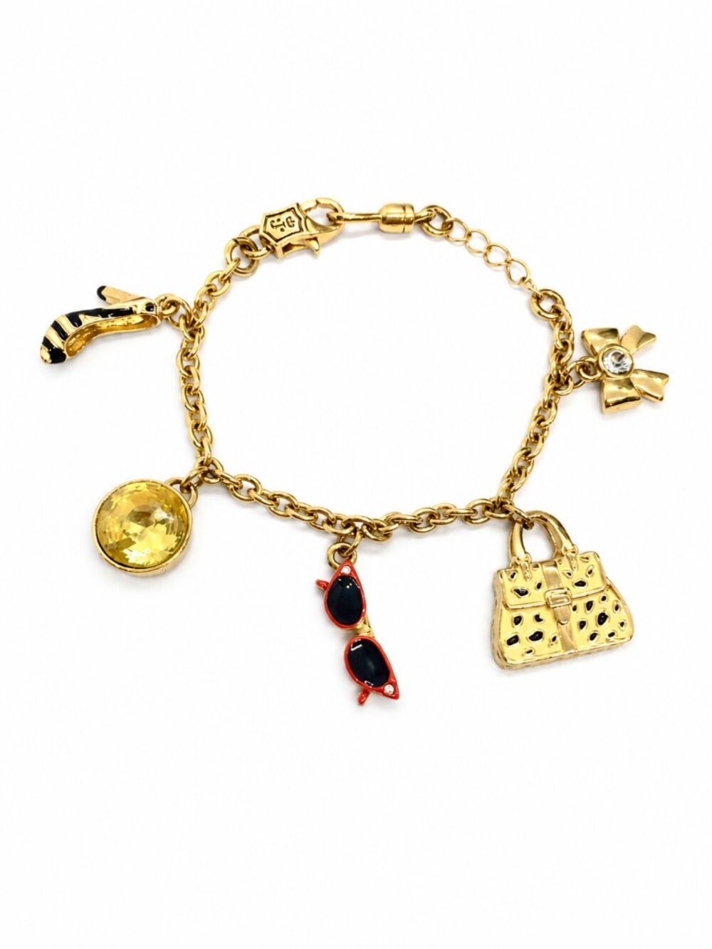 JUICY COUTURE BRACELET Gold Tone Charm Bracelet Purse Heel Sunglasses Signed